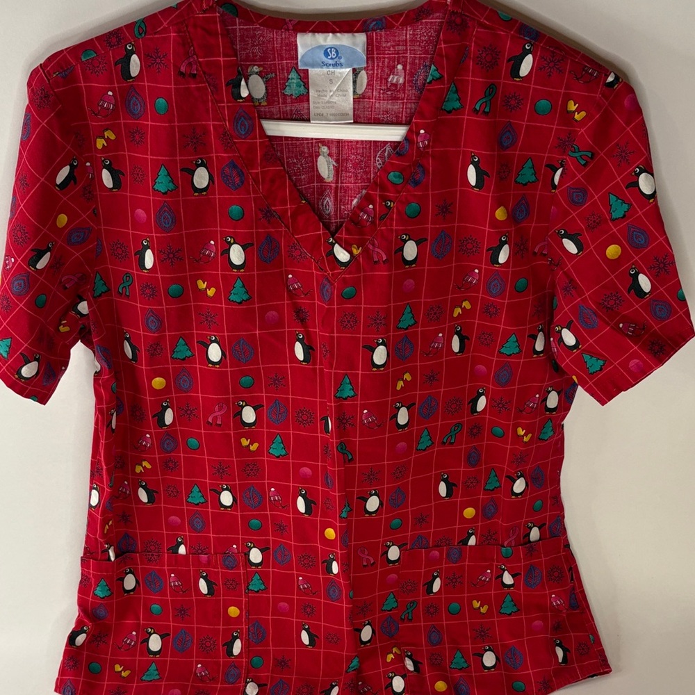 Cheerful Red Penguin Holiday Scrub Top